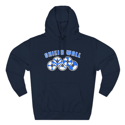 Norse Shield Wall graphic hoodie featuring blue and white Viking shields and text.