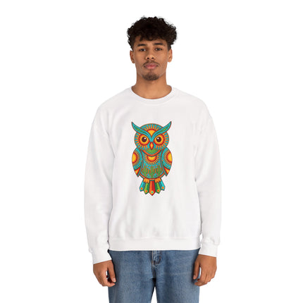 Vibrant Huichol owl graphic sweatshirt with Mexican folk art and bohemian desert style.