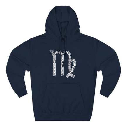 Ornate Celtic knot Virgo zodiac symbol on a dark pullover hoodie.
