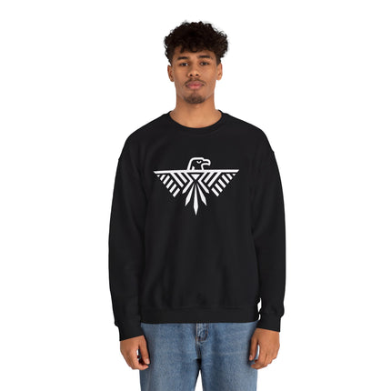 Tribal eagle graphic sweatshirt featuring a geometric thunderbird design.