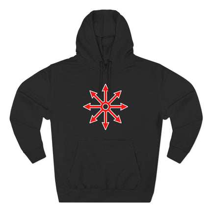 Chaos star symbol graphic on a black unisex pullover hoodie.