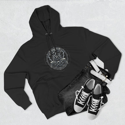 Norse Mjolnir symbol graphic on a black Viking hoodie featuring knotwork and Thor mythology.