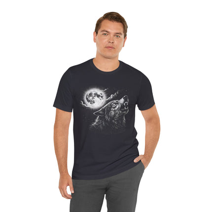 Wolf howling at the moon graphic tee, wild animal nocturnal art print.