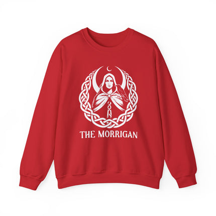 Morrigan Celtic Goddess graphic on red sweatshirt featuring moon, raven, and knotwork.