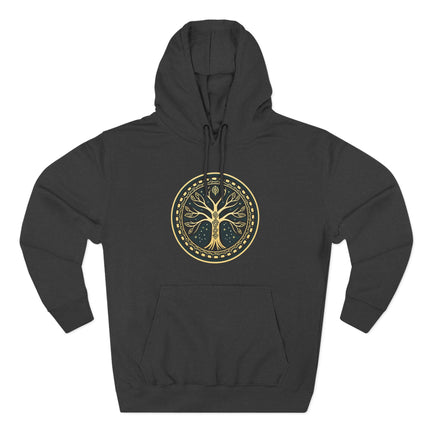 Yggdrasil World Tree of Life graphic print on a black Norse mythology hoodie.