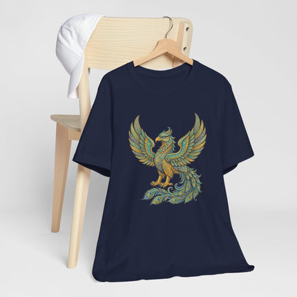 Golden Homa Bird Persian phoenix design on a navy t-shirt.
