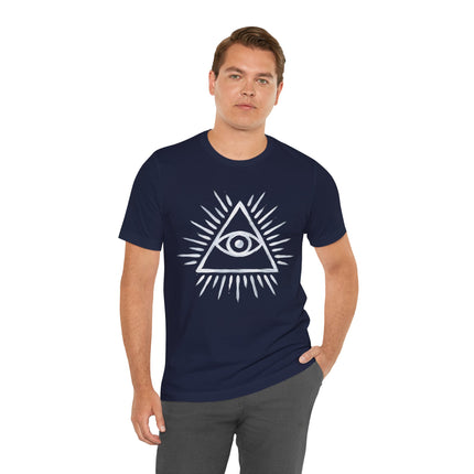All-Seeing Eye of Providence graphic tee featuring the mystical symbol on a navy blue shirt.