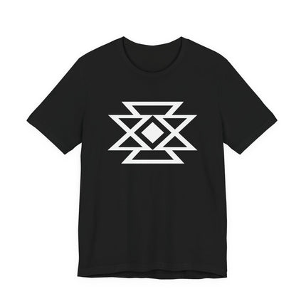 Black t-shirt featuring a white geometric butterfly symbol of transformation and hope.