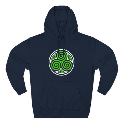 Celtic Triskelion triple spiral symbol graphic on a dark blue hoodie.