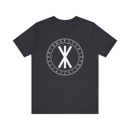 Norse rune t-shirt with Elder Futhark circle and central protective symbol.