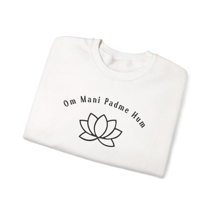 Om Mani Padme Hum mantra and lotus design printed on a spiritual Buddhist pullover sweatshirt.