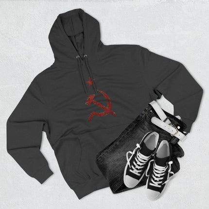 Black distressed hoodie featuring the red hammer and sickle communist USSR symbol graphic.