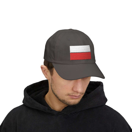 Embroidered Polish flag baseball cap in charcoal gray for patriotic national pride.
