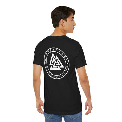 Norse Valknut Runic Back Print T-Shirt | Elder Futhark Rune Circle Viking Tee