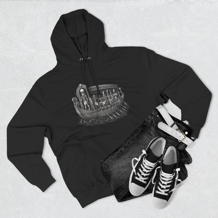 Egyptian solar barge graphic featuring Ra's boat mythology on a black hoodie.