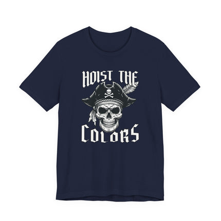 Hoist The Colors pirate skull graphic tee. Nautical skull design on a navy t-shirt.
