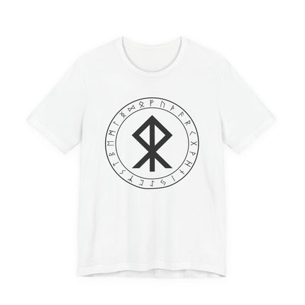 Algiz rune and Elder Futhark runes circular design on a white Norse mythology t-shirt.