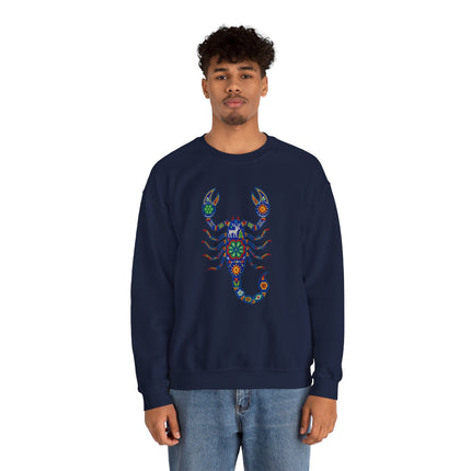 Huichol art scorpion graphic on a navy blue Mexican pullover sweatshirt.