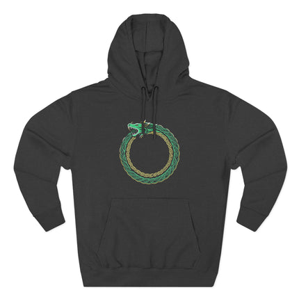 Norse Ouroboros dragon knotwork symbol on a black pullover hoodie.