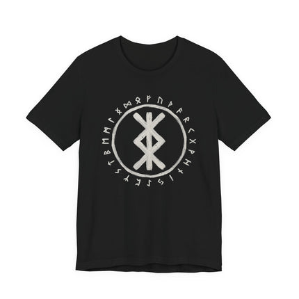 Norse Elder Futhark runes t-shirt featuring a central protection bind rune design.