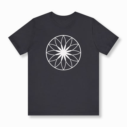 White sacred geometry mandala design on a dark spiritual t-shirt.