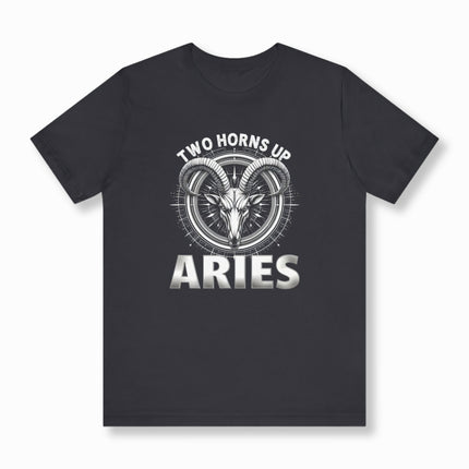 Aries Zodiac T-Shirt | Two Horns Up Graphic and Text Astrology Tee | V6