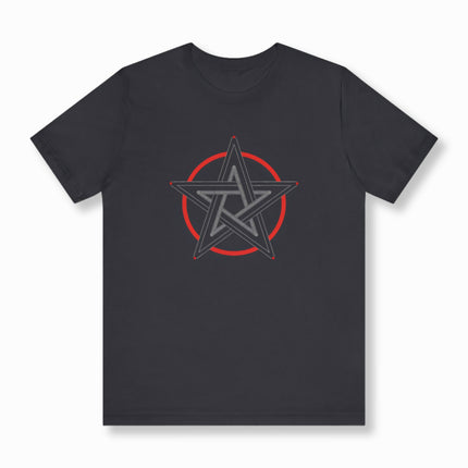 Black t-shirt with red pentagram pentacle symbol. Occult and pagan magic graphic tee.