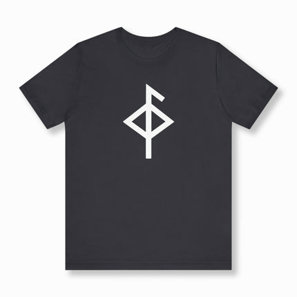 Black Norse rune t-shirt with white symbolic Viking graphic design.