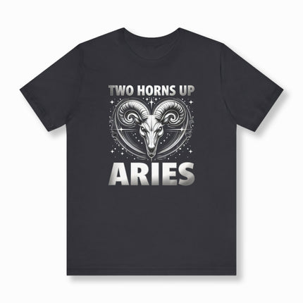 Aries Zodiac T-Shirt | Two Horns Up Astrology Graphic and Text Tee | V5