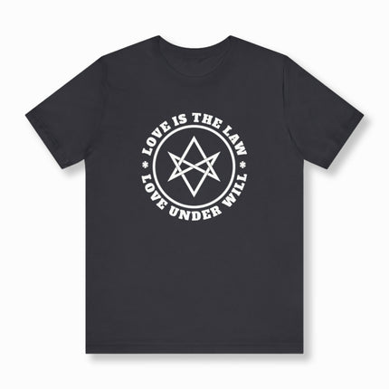 Thelema Love Under Will Text and Graphic T-Shirt | Unicursal Hexagram Tee V4