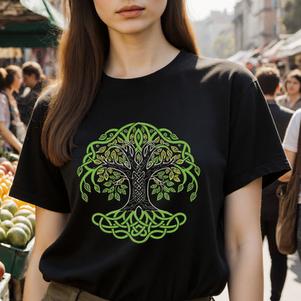 Green Celtic Tree of Life knotwork graphic on a black t-shirt. Features Yggdrasil style knotwork.