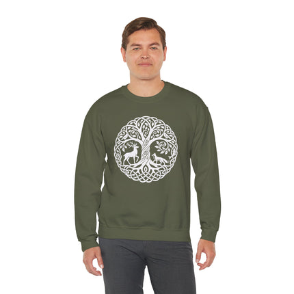 Celtic Tree of Life knotwork design with deer and fox animals on a forest green sweatshirt.