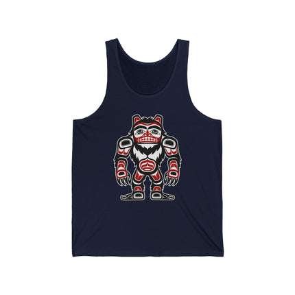 Formline art Sasquatch bear totem on a dark blue tank top. PNW indigenous style.