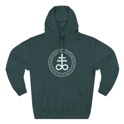 Graphic hoodie featuring a circular occult symbol, alchemy, and esoteric spiritual designs.