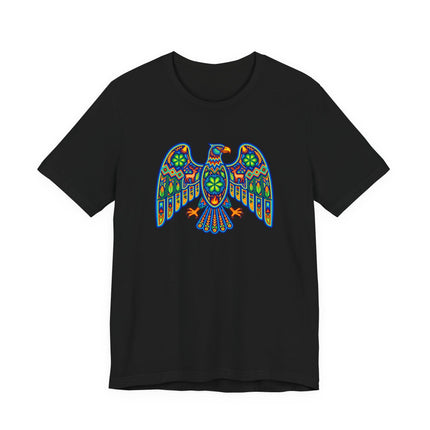 Vibrant Huichol eagle graphic tee featuring colorful Mexican indigenous folk art design.