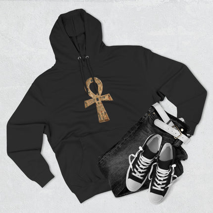 Black hoodie featuring the golden Ankh symbol, representing Egyptian life and mythology.