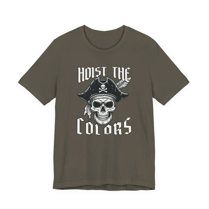 Nautical pirate skull graphic tee featuring "Hoist The Colors" text.