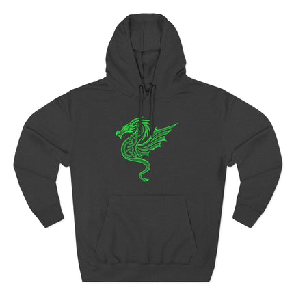 Green Celtic knotwork dragon graphic on black hoodie.