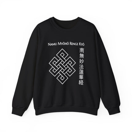 Black sweatshirt featuring the Namu Myōhō Renge Kyō mantra and a white Buddhist Endless Knot symbol graphic.