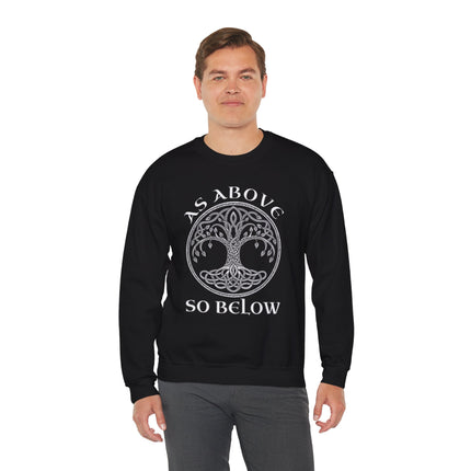 Black pullover featuring a Celtic Tree of Life knotwork design and "As Above So Below" text.