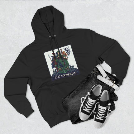 The Morrigan Celtic goddess graphic on a black hoodie featuring Irish mythology.