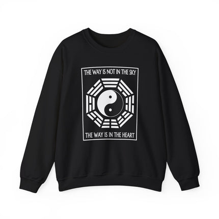 Yin Yang and Bagua graphic on a black sweatshirt, featuring the Taoist quote: "The Way Is In The Heart.