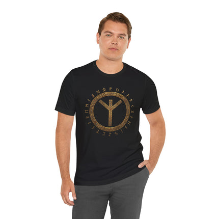 Black t-shirt with Algiz rune and Elder Futhark runes in a circular Norse design.
