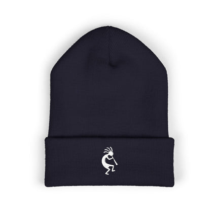 Kokopelli Embroidered Cuffed Beanie with White Flute-Player Silhouette
