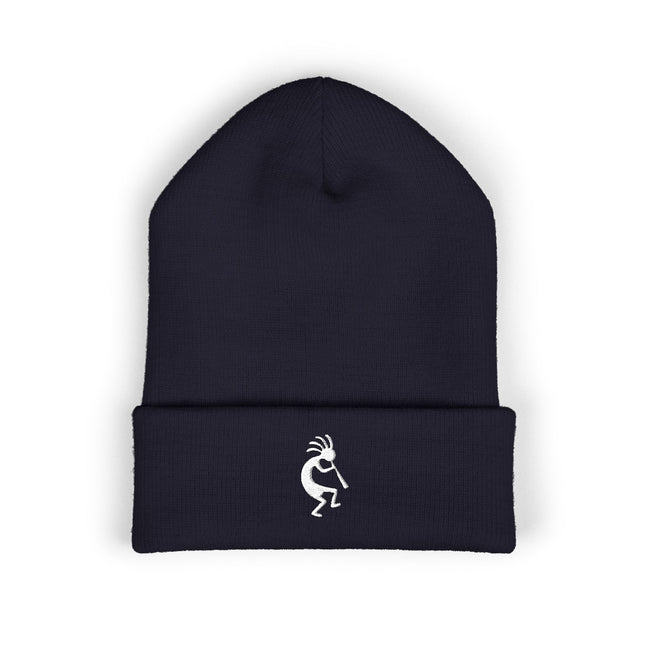 Kokopelli Embroidered Cuffed Beanie with White Flute-Player Silhouette