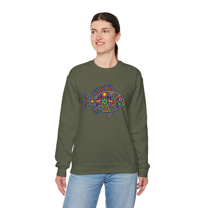 Vibrant Mexican folk art fish graphic, inspired by Huichol and Alebrije styles.