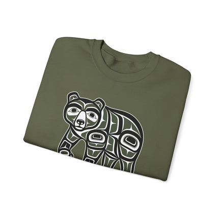 Bear Spirit Indigenous Art graphic printed on a comfortable Native American style pullover sweatshirt.