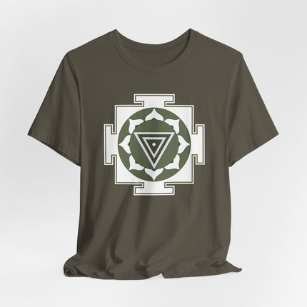Kali Yantra sacred geometry mandala print on a spiritual Hindu Goddess Kali t-shirt.