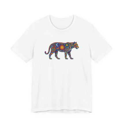 Vibrant Huichol jaguar graphic tee featuring cosmic sun and moon patterns in Mexican folk art style.