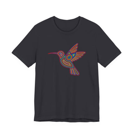 Vibrant Mexican hummingbird graphic tee featuring Huichol folk art style.